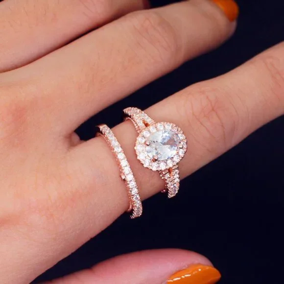 NEW 2PC/Set Oval Diamond Halo Rose Gold Ring